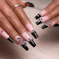 Unghie finte lunghe con punte nere, serpente in metallo e croci gotiche con strass - Stile Serpente e Croce French Rosa Nero (JP2444)