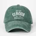 Detailed view of white circus monkey slogan print on washed green cotton baseball cap - One Size / Dark Green
