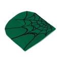 Close-up of green knitted beanie featuring a bold black spider web jacquard design - Green and Black (G)
