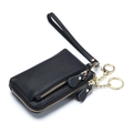 Black pebble leather coin purse with golden zipper, key ring, and wrist strap detail - Black