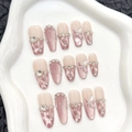 Pink cat eye press-on nails set with 3D butterfly designs and sparkling rhinestones - XS / Medium Coffin (680)