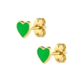 Elegant heart-shaped green enamel stud earrings in polished gold-tone metal finish - Green Gold