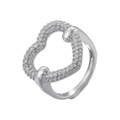 Detail of silver heart-shaped adjustable ring with pavé-set white cubic zirconia stones - Silver Hollow Heart Style