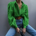 Cárdigan verde bordado con mangas abullonadas, diseño calado y un estilo holgado chic - L / Verde