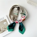 Champagne gold satin square scarf with lotus floral print and green border design - 70cm / Lotus under Moon