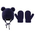 Winter knitted hat and mittens set with pom-poms in deep navy blue for children - Set / Navy Blue