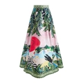 Dettaglio della gonna a vita alta linea A con stampe tropicali e motivi artistici retrò - Taglia unica / Gonna a ombrello a vita alta