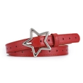 Women's skinny red leather belt with star-shaped holes and a silver star metal buckle - Red