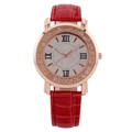 Elegant rose gold quartz watch with red leather strap and rhinestone bezel for women - Red