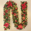 2.7m artificial Christmas garland with red flowers, balls and warm LED lights - 2.7M Red Flower With Lights