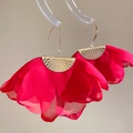Bohemian red petal earrings with gold hooks and layered fabric flower design - Multi-layer Chiffon Petal Bohemian Earrings (110#) / Red