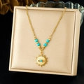 Collana in acciaio dorato con pendente a sole e occhio e perline turchesi su cofanetto - Collana d'oro (N3863)