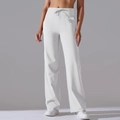 Detail of white high-waisted yoga pants with drawstring and side pockets - S / Off-White Grey