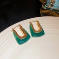 Vintage U-shape hoop earrings with gold plating and green resin details for women - Style 15 Gold Emerald Green