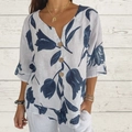Chemisier femme en coton et lin à col en V avec imprimé feuilles bleues et boutons en bois - S / Hauts / Blanc