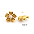 Golden flower earrings with white pearls and stainless steel base for women - 18K Gold / Gold