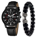 Men's stylish black quartz watch with leather strap and dumbbell bead bracelet set - Black Strap Black Dial Silver Hands + Bracelet