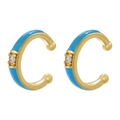 Detail of C-shaped ear cuffs with light blue enamel finish and sparkling zircon centers - 1 Pair / Blue
