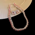 Vintage silver finish necklace and earrings set featuring pink and clear crystals - 8# Pink Round (2-Piece Set)