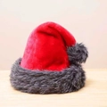Classic red plush Christmas hat with unique dark grey faux fur trim and pompom - New Red Grey Haipai Fur Trim Adult / Red Grey