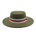 Detail of olive green wool fedora with greek meander and red blue striped ribbon band - Army Green
