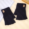 Guanti senza dita in maglia blu scuro in lana di alpaca con etichetta decorativa marrone - Taglia unica / Blu navy