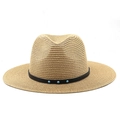 Brown Panama straw hat with black leather band and turquoise stone accents - M (56-58cm) / Khaki