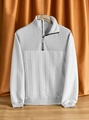 Detail view of white textured knit sweater showing cable stitch and zipper collar - S / White