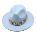 Detail of light blue wool fedora hat featuring a chunky gold metal chain decoration - M (56-58cm) / Sky Blue