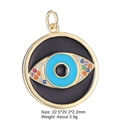 Detail of gold evil eye pendant with black enamel, colorful zircon and size data - Style 27