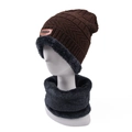 Close-up of winter knit hat and neck warmer set with thick faux fur lining texture - 2-Piece Set / Khaki