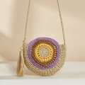 Round multicolor straw shoulder bag with woven strap and wood bead tassel for beach - Purple