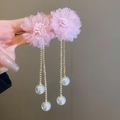 Elegant pink lace flower earrings with rhinestone tassels and white pearls shown on hand - 68# Pink Lace Flower Double Rhinestone Tassel Pearl