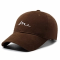 Classic dark brown cotton baseball cap with white embroidered 'me' script on front - Adjustable / Coffee