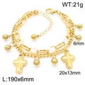 Gold layered stainless steel cross charm bracelet with beaded chains in a polished finish - Style C Gold (KB187006-Z)
