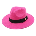 Detail of rose red fedora with black ribbon and golden bee buckle on the bow - M(56-58cm) / Rose Red