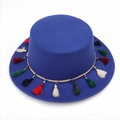 Royal blue flat top fedora hat with colorful tassels and bohemian beaded band detail - M(56-58cm) / Royal Blue