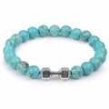 Turquoise bead bracelet with a metal dumbbell charm featuring Live Fit engraving - Turquoise Silver