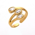 Luxury triple-layered gold stainless steel open ring with three oval white zircons - Gold + White