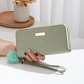 Light sage green wave quilted wallet with double zipper and mint pompom charm - Green