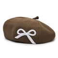 Brown knitted beret hat for women featuring a white bow embroidery on a white background - Adjustable / Coffee