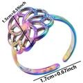 Detailed view of iridescent stainless steel adjustable ring with hollow floral pattern - Rainbow