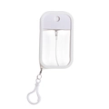 Detail view of a 50ml portable plastic mist spray bottle with white frame and snap hook - Set with Silicone Sleeve / White