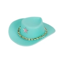 Turquoise miniature doll cowboy hat with green rhinestones and pink star accent - Green Cowboy Hat With Green Rhinestone Chain