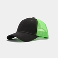 Detail of a black and neon green trucker hat showing breathable mesh and stitch quality - Black/Green Mesh