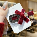 Elegant red velvet bow hair clip with crystal rhinestone accent for women - Square Rhinestone Velvet Clip 1Pc