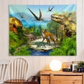 Dinosaur tapestry featuring T-Rex and Pterosaurs hanging in a cozy bedroom setting - Style 5