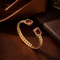 Detail of gold chain-link bracelet featuring a rectangular red stone and micro-pave frame - Bangle / 10111-Red Bangle