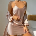 Champagne silk satin nightgown set with spaghetti strap dress and matching robe - Champagne