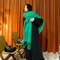 Green oversized plush mohair scarf with tassels worn over a black winter coat - Grass Green